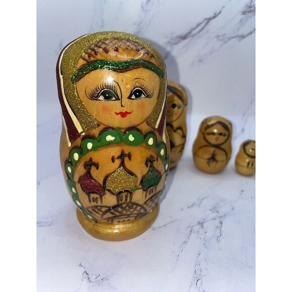 Vintage Signed 5 Pc Handmade Russian Nesting Doll of Churches Burned Wood Carved